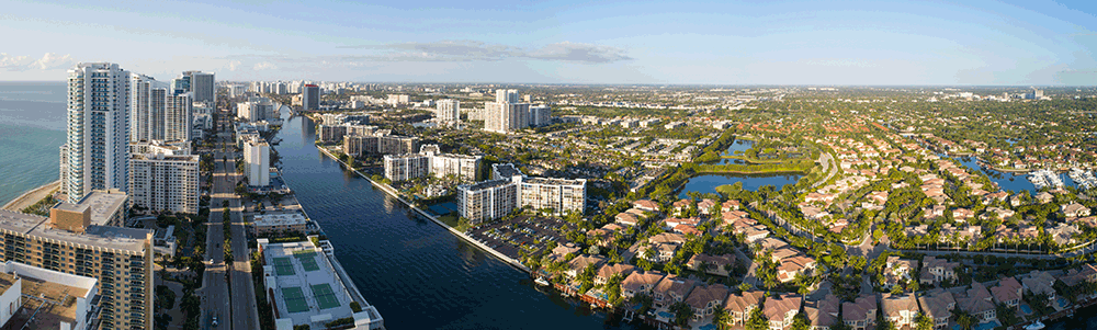 Bottom image is a panoramic aerial view of Fort Lauderdale's inter-coastal waterways. 